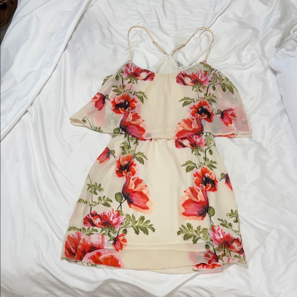 Buffalo David Bitton Cream Floral Mini Dress with Red-Pink Poppies